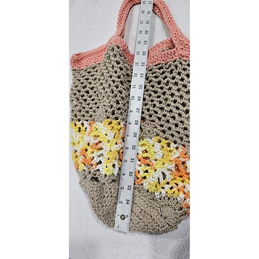 Handmade Crochet Cotton Market Bag Tote Multicolor Slouchy Boho Beach Eco Friend - Picture 3 of 11